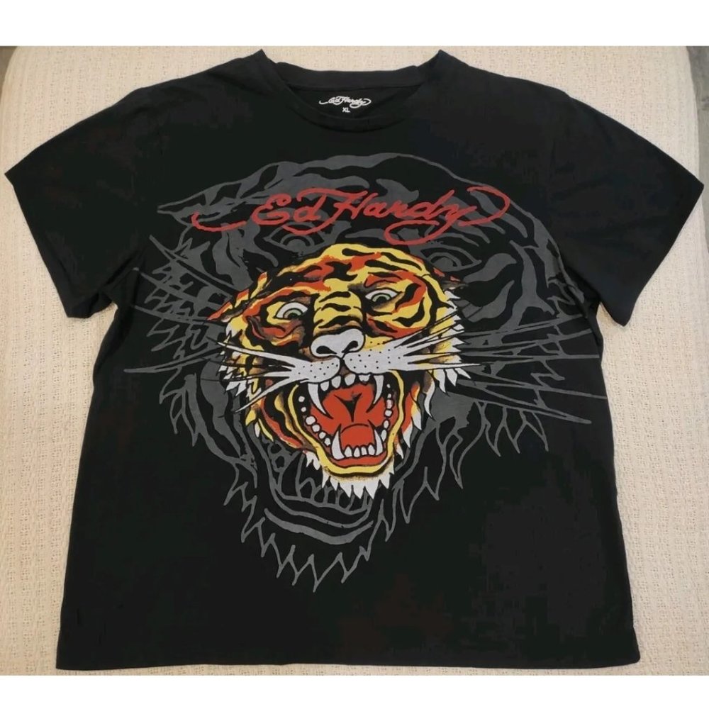 Ed Hardy Tiger Graphic Short Sleeve Black T-Shirt Men's XL Vintage